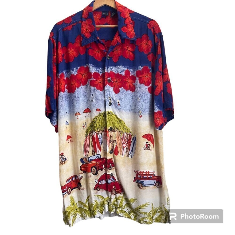 Cherokee Button Up Shirt Mens M Short Sleeve Hawaiian Floral Palm Beach Surf